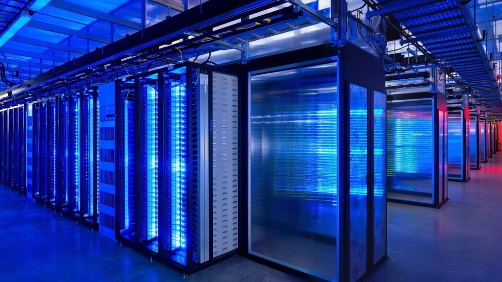 Modern data centre with blue-lit server racks